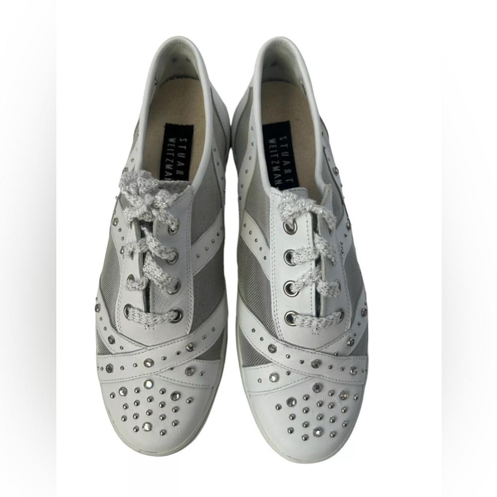 Stuart Weitzman Women’s White Mesh Studded  Embellished Sneakers Shoes 8 N